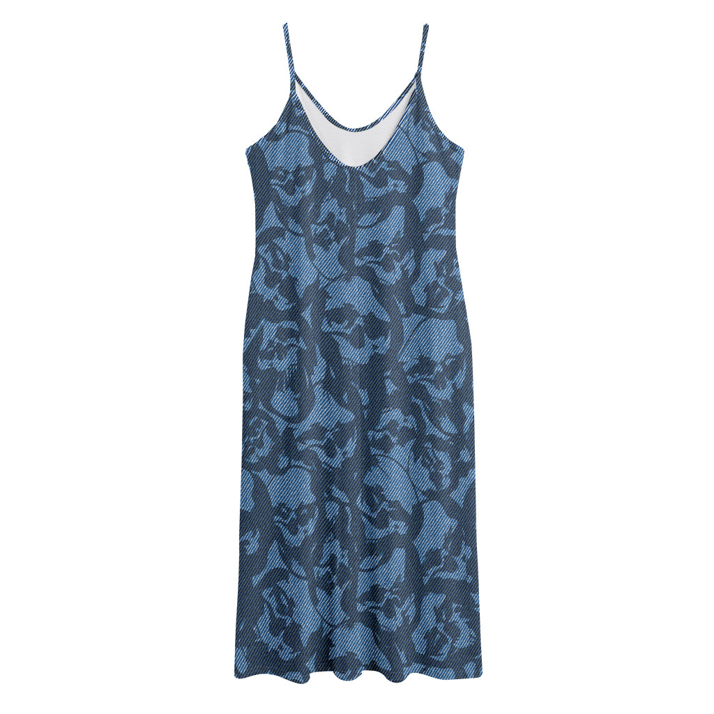 Skull Denim Jeans Pattern Print Jersey Midi Cami Dress