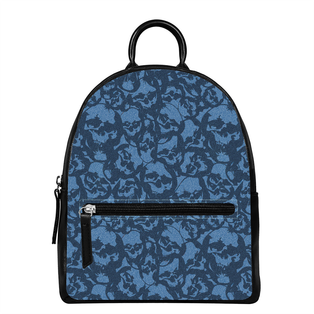 Skull Denim Jeans Pattern Print Leather Backpack