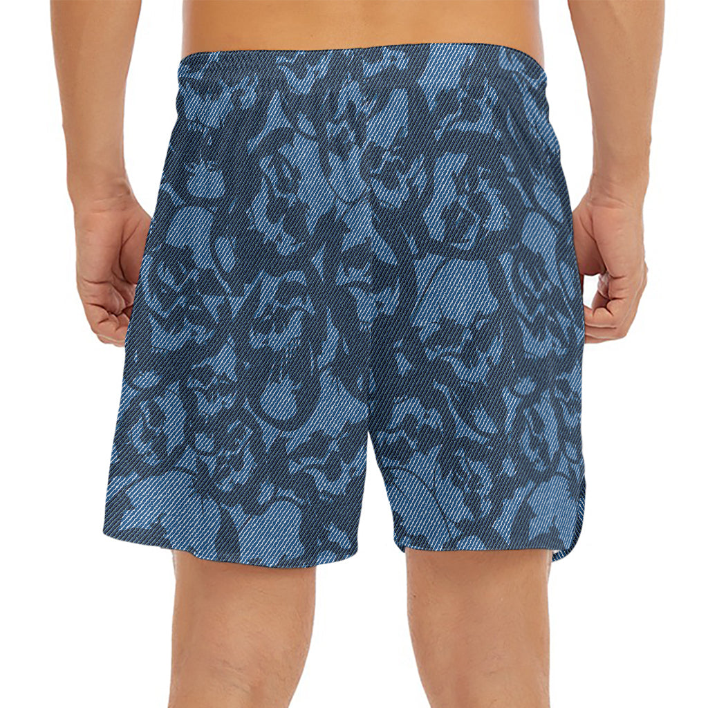Skull Denim Jeans Pattern Print Men's Split Running Shorts