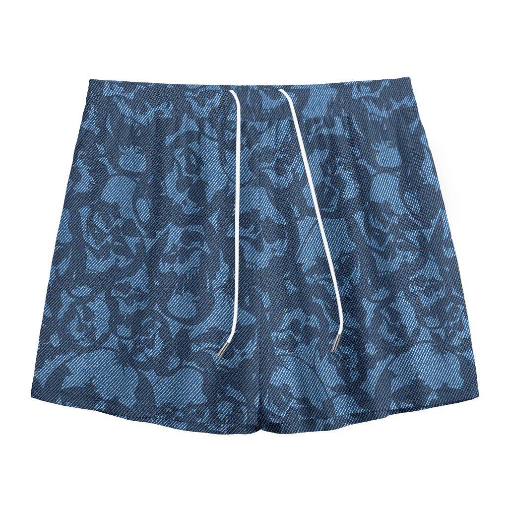 Skull Denim Jeans Pattern Print Mesh Shorts
