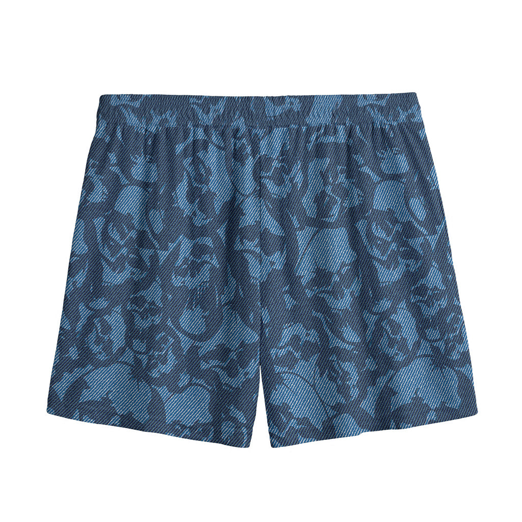Skull Denim Jeans Pattern Print Mesh Shorts