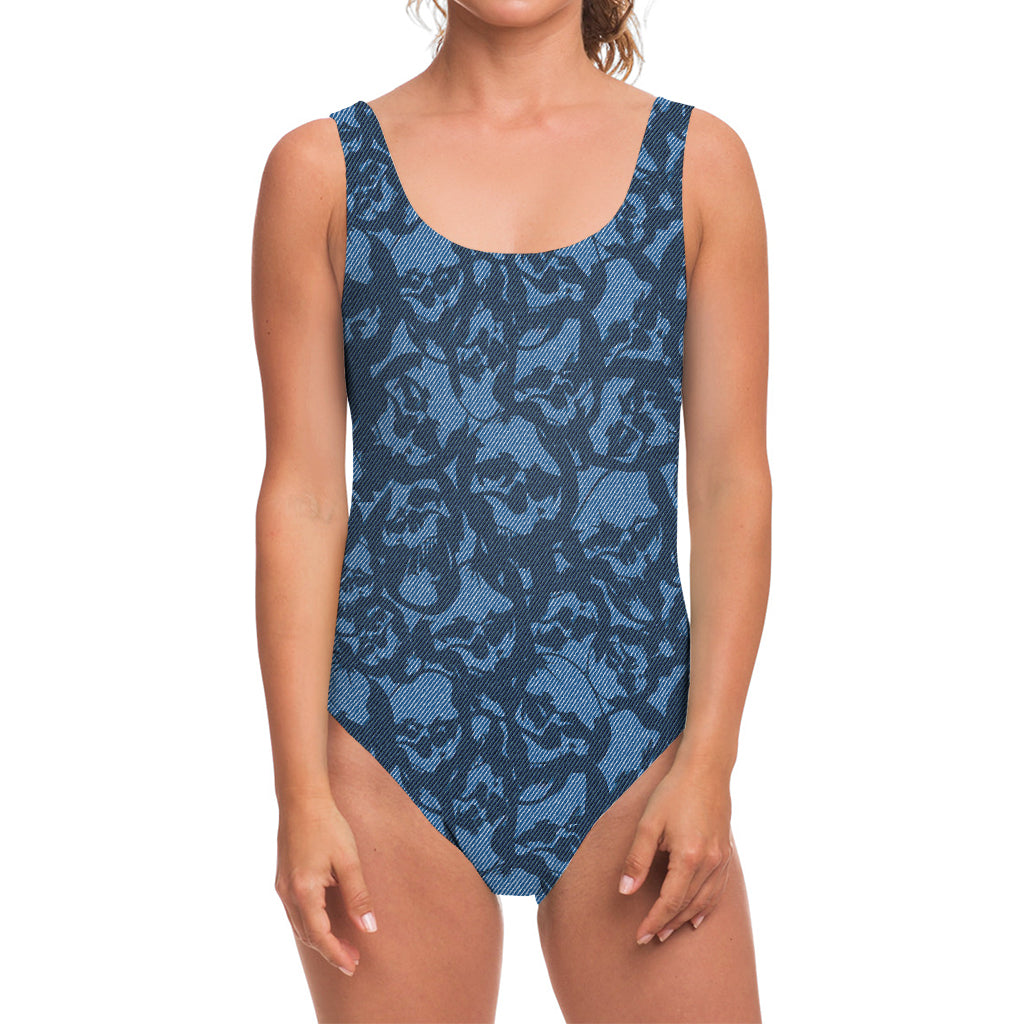 Skull Denim Jeans Pattern Print One Piece Swimsuit