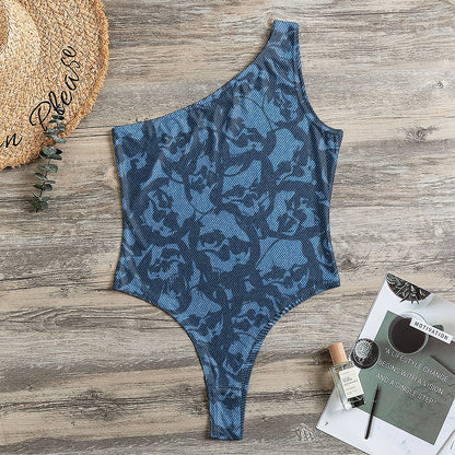 Skull Denim Jeans Pattern Print One Shoulder Bodysuit