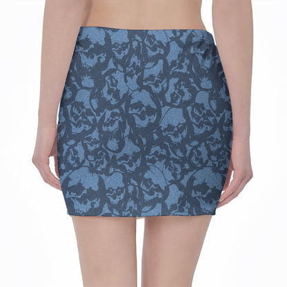 Skull Denim Jeans Pattern Print Pencil Mini Skirt
