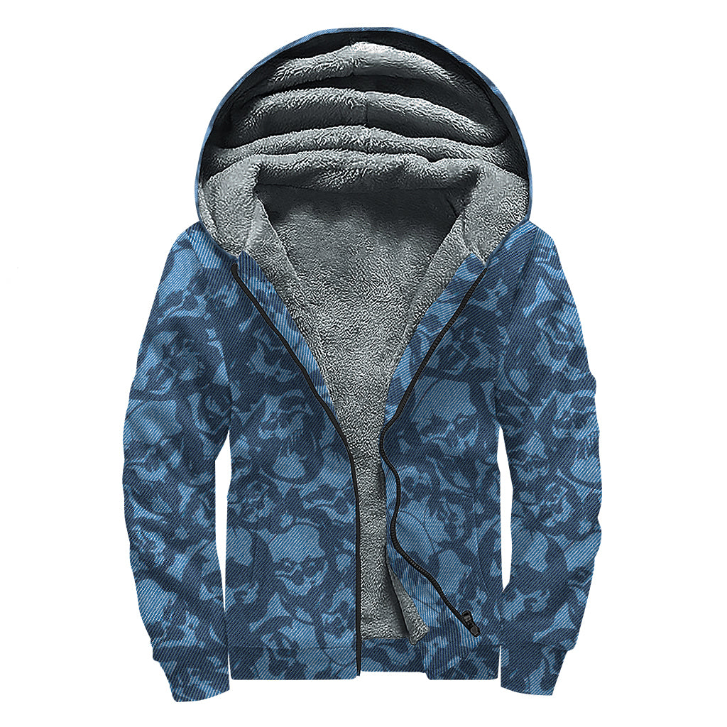 Skull Denim Jeans Pattern Print Sherpa Lined Zip Up Hoodie