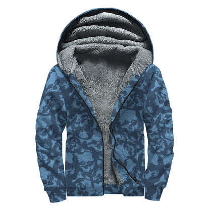 Skull Denim Jeans Pattern Print Sherpa Lined Zip Up Hoodie