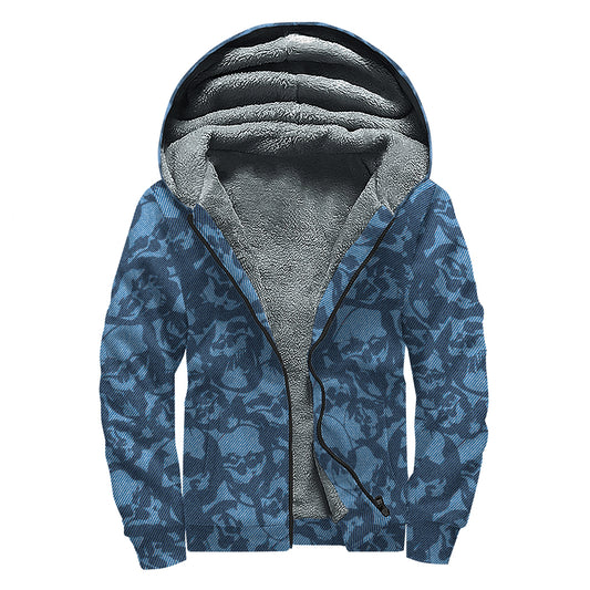 Skull Denim Jeans Pattern Print Sherpa Lined Zip Up Hoodie