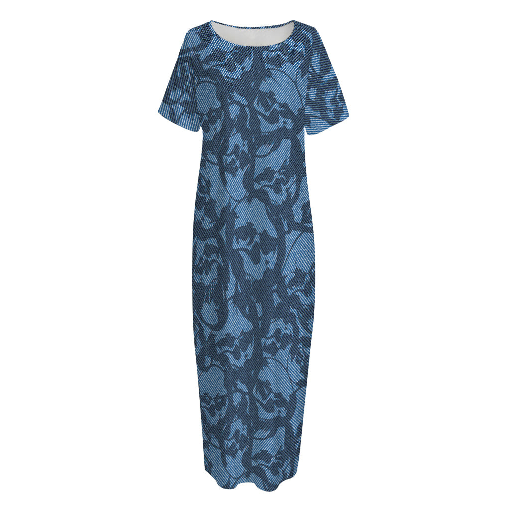 Skull Denim Jeans Pattern Print Short Sleeve Long Nightdress