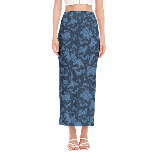 Skull Denim Jeans Pattern Print Side Slit Maxi Skirt
