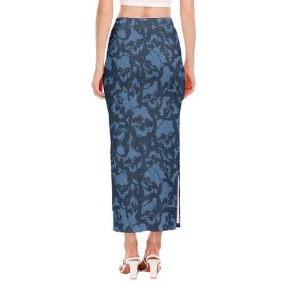 Skull Denim Jeans Pattern Print Side Slit Maxi Skirt