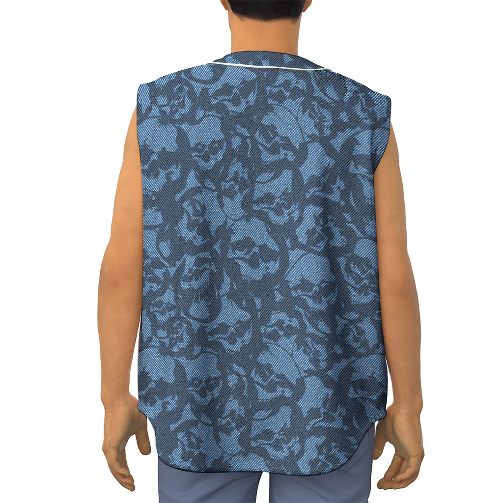 Skull Denim Jeans Pattern Print Sleeveless Baseball Jersey