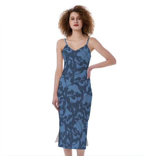 Skull Denim Jeans Pattern Print Slim Fit Midi Cami Dress