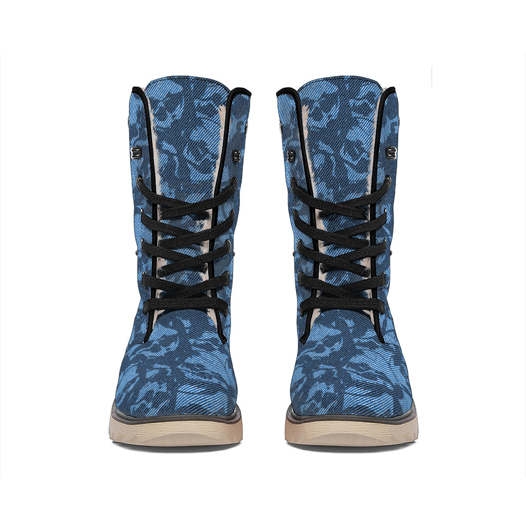 Skull Denim Jeans Pattern Print Winter Boots