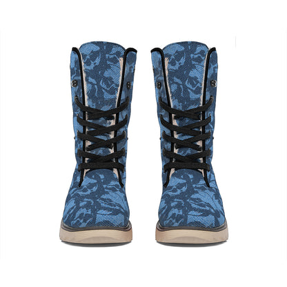 Skull Denim Jeans Pattern Print Winter Boots