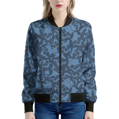 Skull Denim Jeans Pattern Print Women's Bomber Jacket