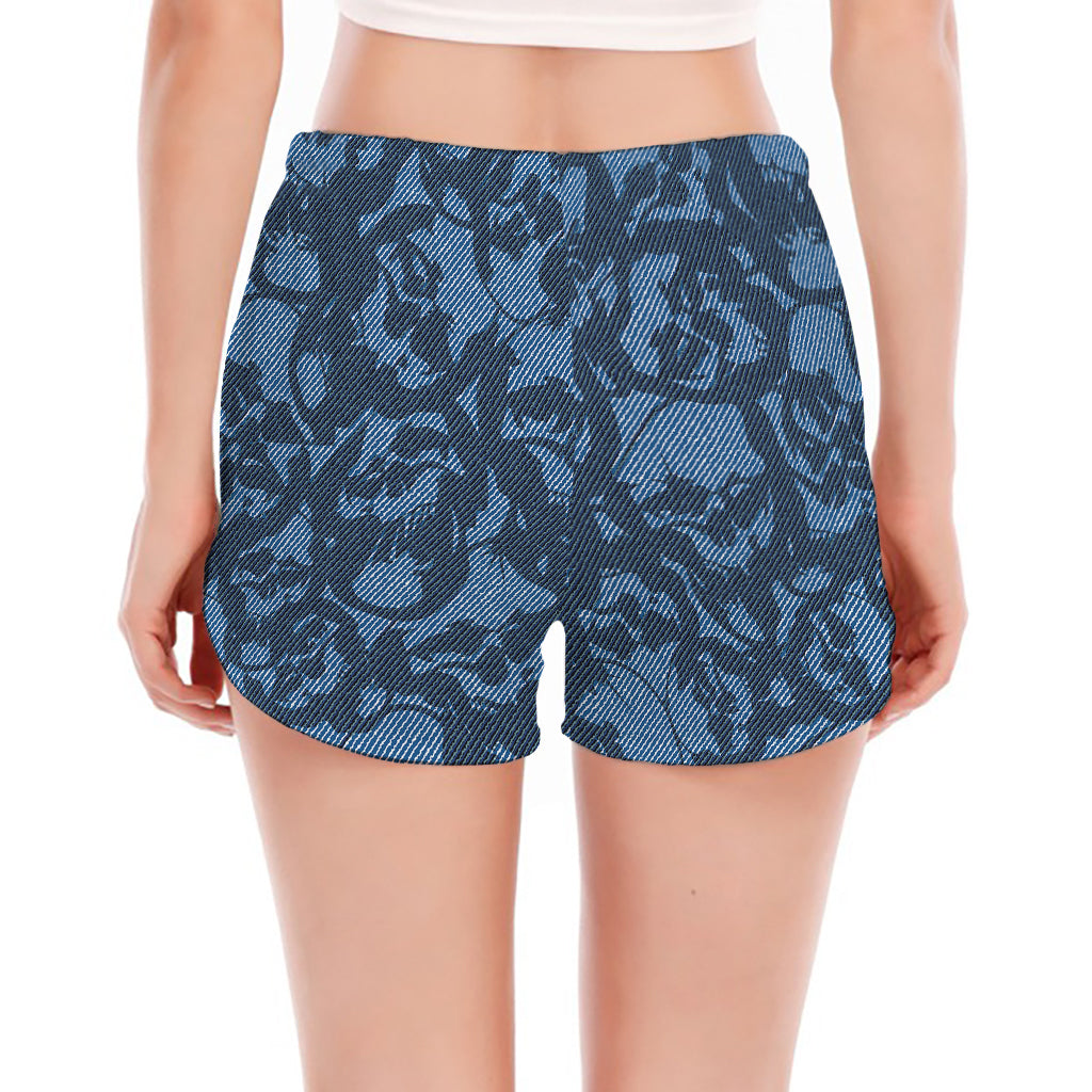 Skull Denim Jeans Pattern Print Women's Split Running Shorts