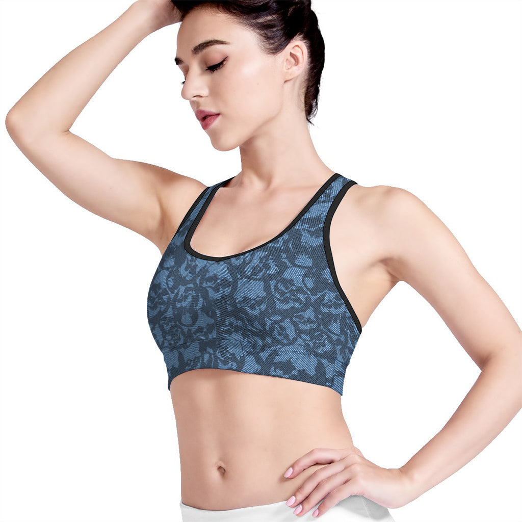 Skull Denim Jeans Pattern Print Women's Sports Bra