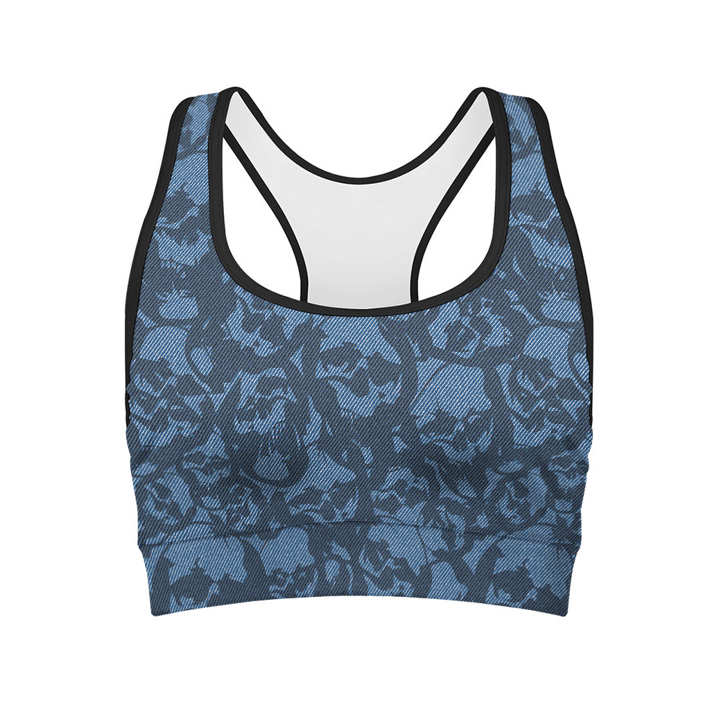 Skull Denim Jeans Pattern Print Women's Sports Bra