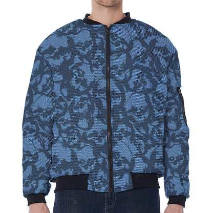 Skull Denim Jeans Pattern Print Zip Sleeve Bomber Jacket