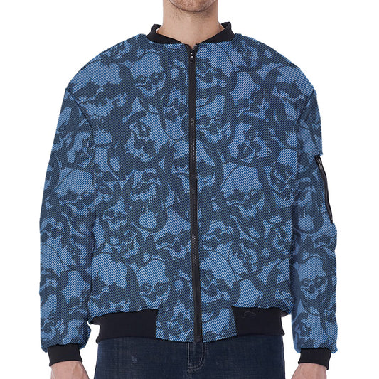 Skull Denim Jeans Pattern Print Zip Sleeve Bomber Jacket