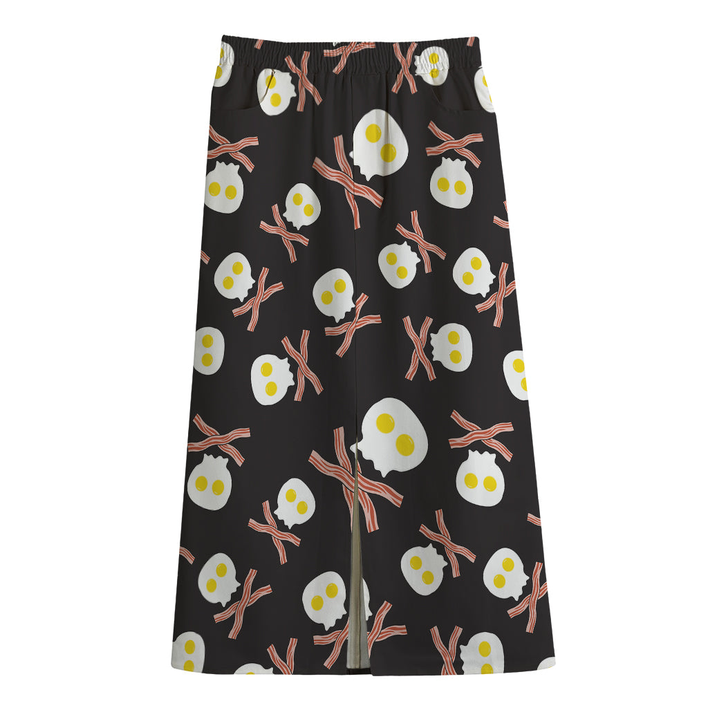 Skull Fried Egg And Bacon Pattern Print Cotton Front Slit Maxi Skirt