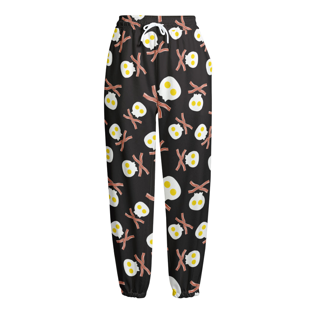 Skull Fried Egg And Bacon Pattern Print Fleece Lined Knit Pants