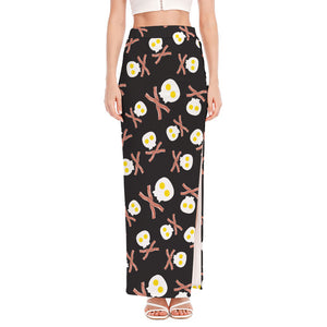 Skull Fried Egg And Bacon Pattern Print High Slit Maxi Skirt