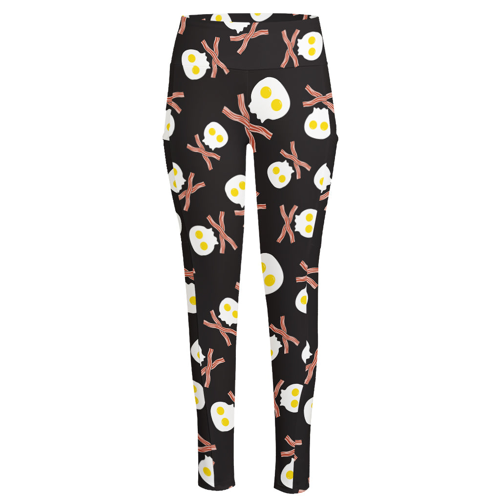 Skull Fried Egg And Bacon Pattern Print High-Waisted Pocket Leggings