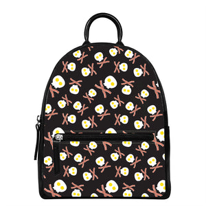 Skull Fried Egg And Bacon Pattern Print Leather Backpack