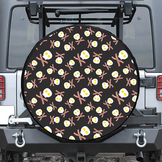 Skull Fried Egg And Bacon Pattern Print Leather Spare Tire Cover