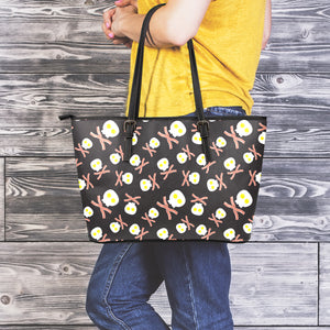 Skull Fried Egg And Bacon Pattern Print Leather Tote Bag