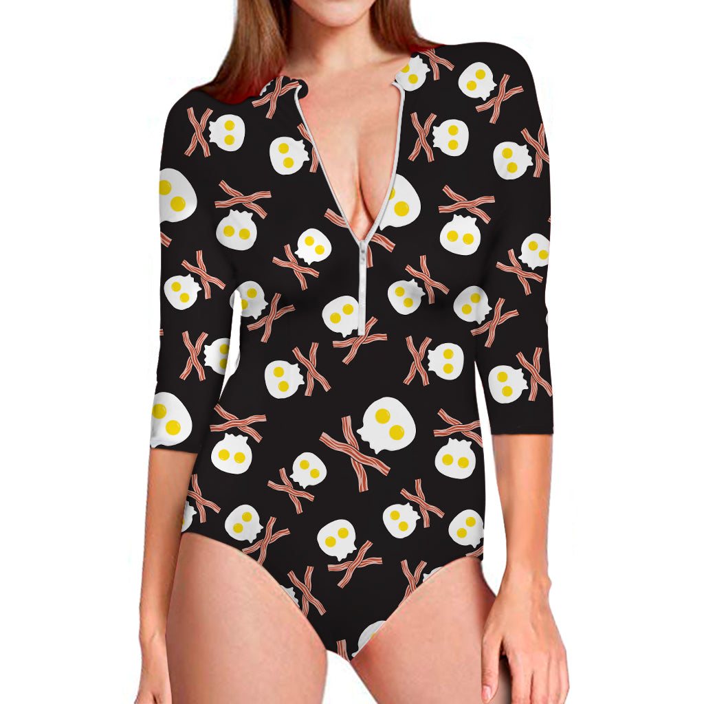 Skull Fried Egg And Bacon Pattern Print Long Sleeve Swimsuit