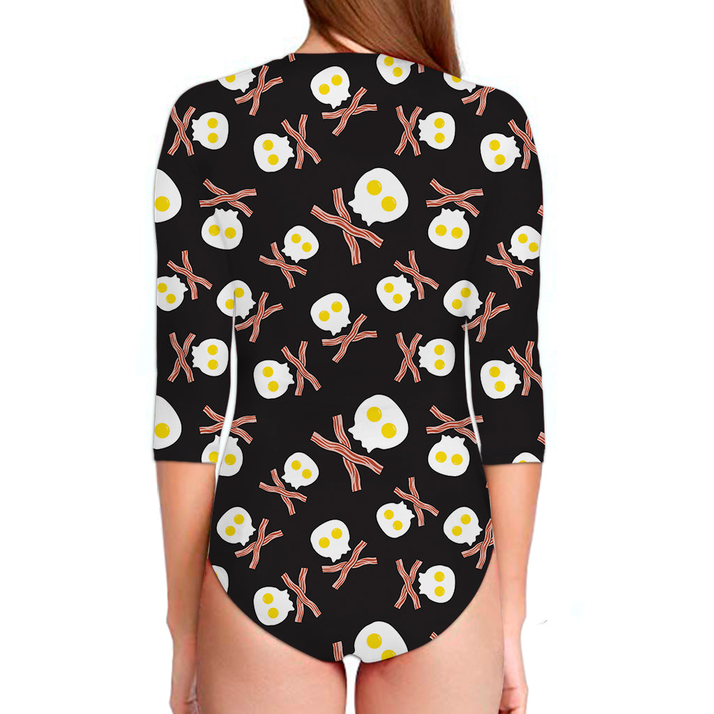 Skull Fried Egg And Bacon Pattern Print Long Sleeve Swimsuit