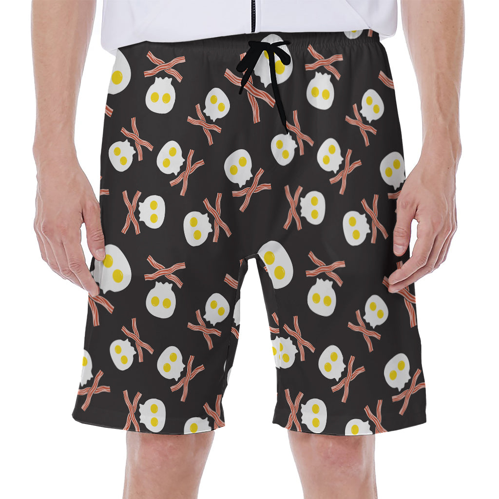 Skull Fried Egg And Bacon Pattern Print Men's Beach Shorts