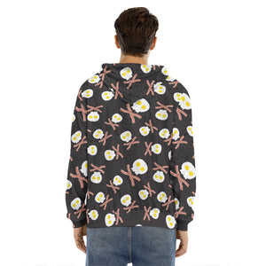 Skull Fried Egg And Bacon Pattern Print Men's Velvet Pullover Hoodie