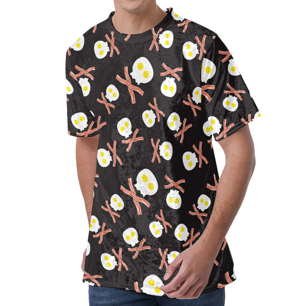 Skull Fried Egg And Bacon Pattern Print Men's Velvet T-Shirt