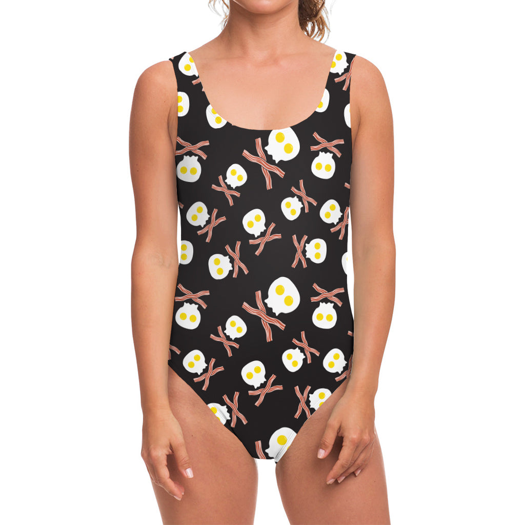 Skull Fried Egg And Bacon Pattern Print One Piece Swimsuit