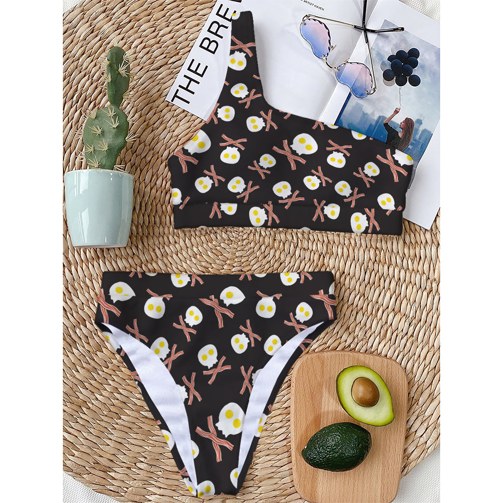 Skull Fried Egg And Bacon Pattern Print One Shoulder Bikini Top