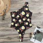 Skull Fried Egg And Bacon Pattern Print One Shoulder Bodysuit