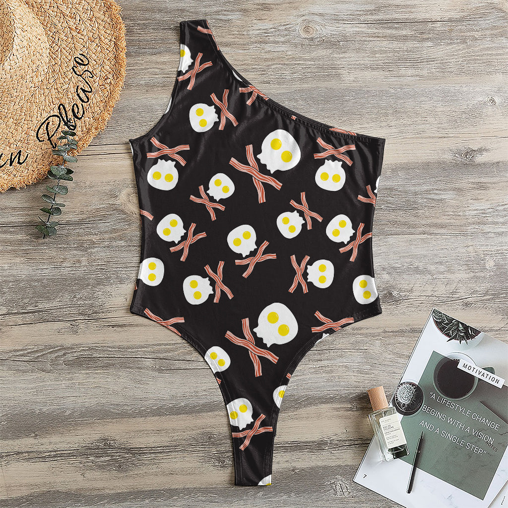 Skull Fried Egg And Bacon Pattern Print One Shoulder Bodysuit