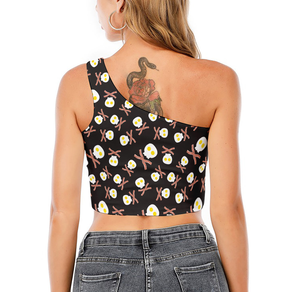 Skull Fried Egg And Bacon Pattern Print One Shoulder Crop Top