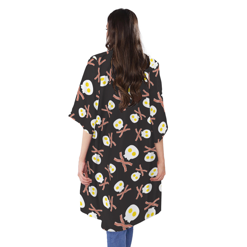 Skull Fried Egg And Bacon Pattern Print Open Front Beach Cover Up