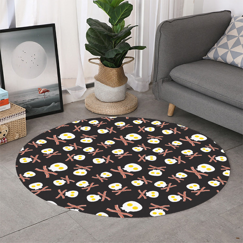 Skull Fried Egg And Bacon Pattern Print Round Rug