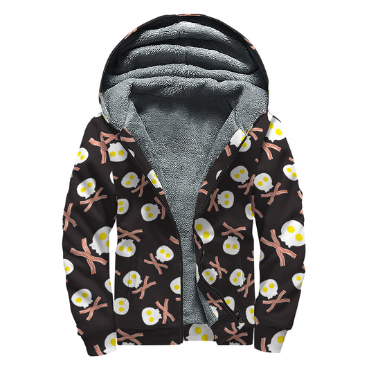 Skull Fried Egg And Bacon Pattern Print Sherpa Lined Zip Up Hoodie
