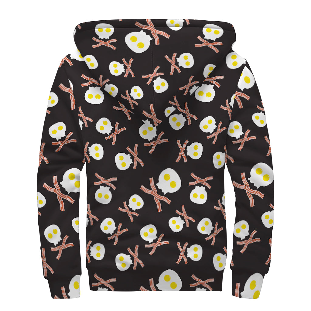 Skull Fried Egg And Bacon Pattern Print Sherpa Lined Zip Up Hoodie