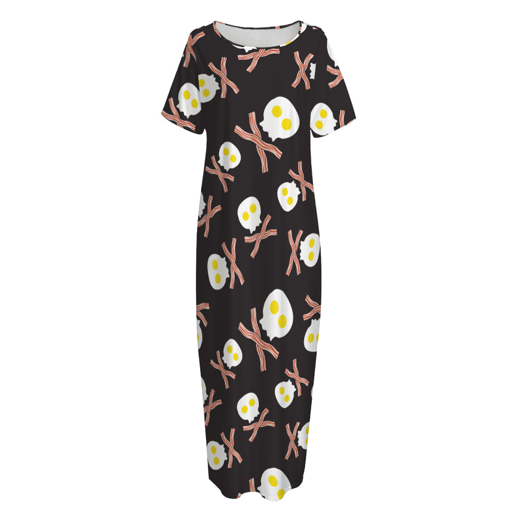 Skull Fried Egg And Bacon Pattern Print Short Sleeve Long Nightdress