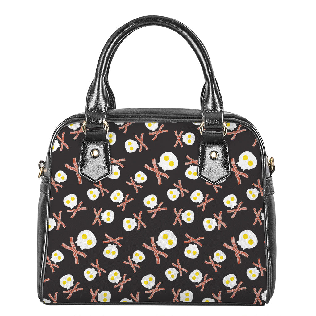 Skull Fried Egg And Bacon Pattern Print Shoulder Handbag