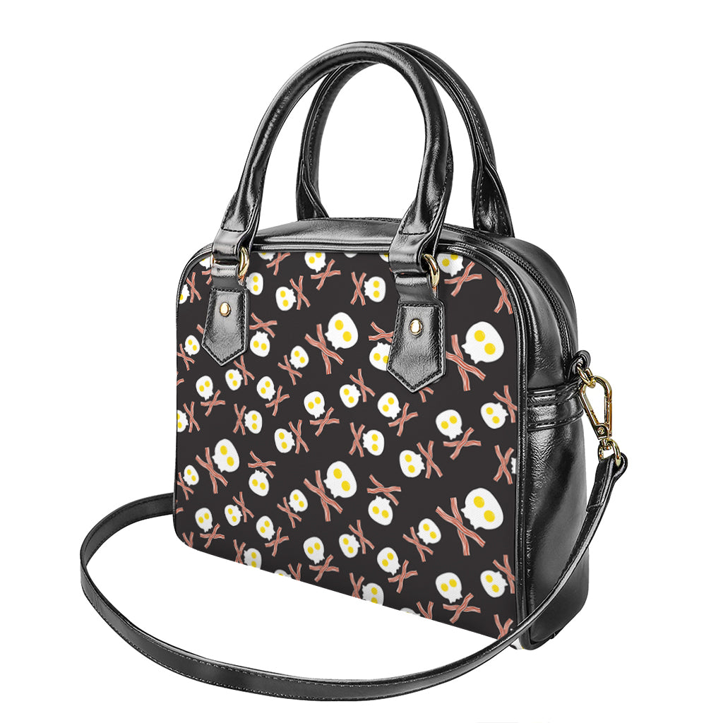 Skull Fried Egg And Bacon Pattern Print Shoulder Handbag