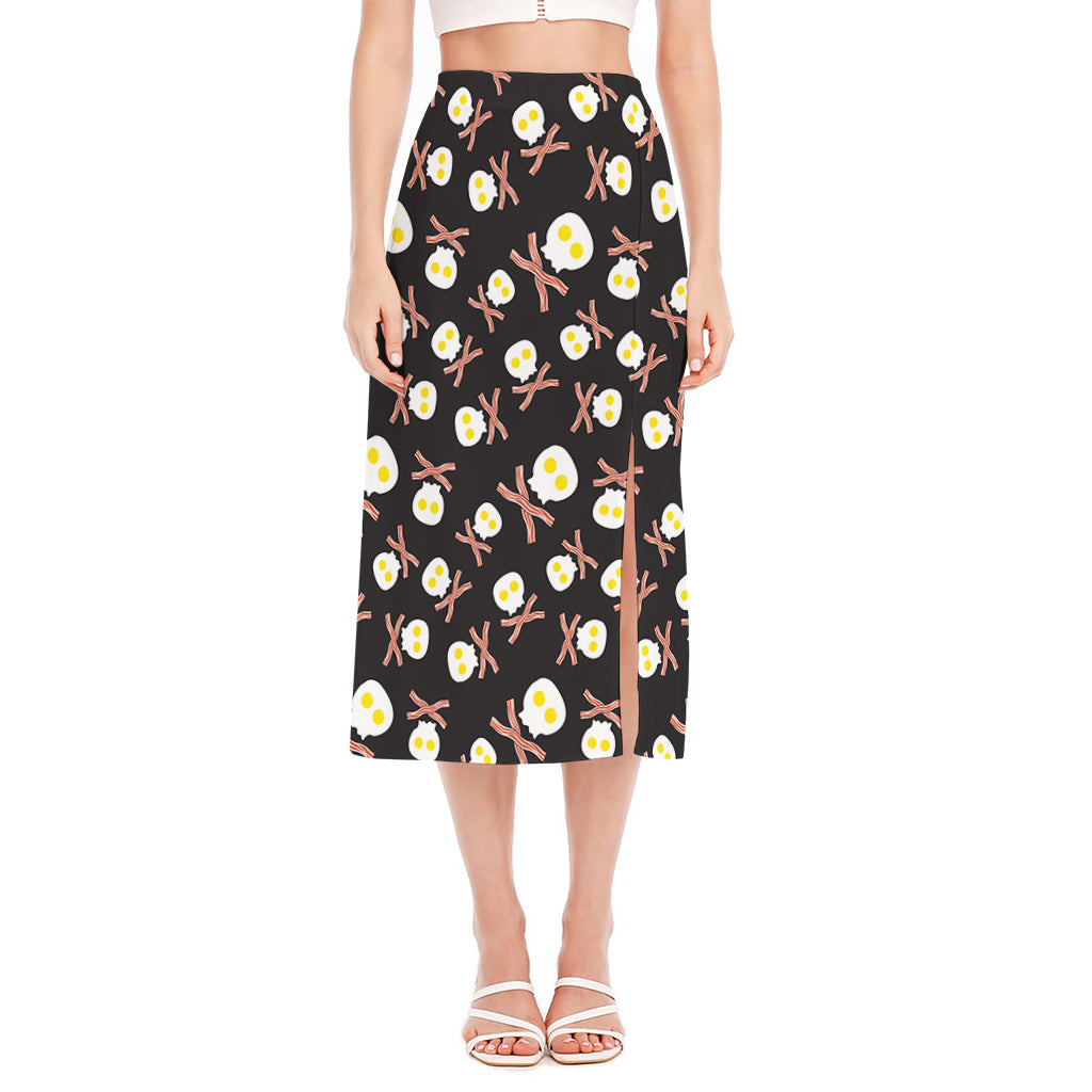 Skull Fried Egg And Bacon Pattern Print Side Slit Midi Skirt