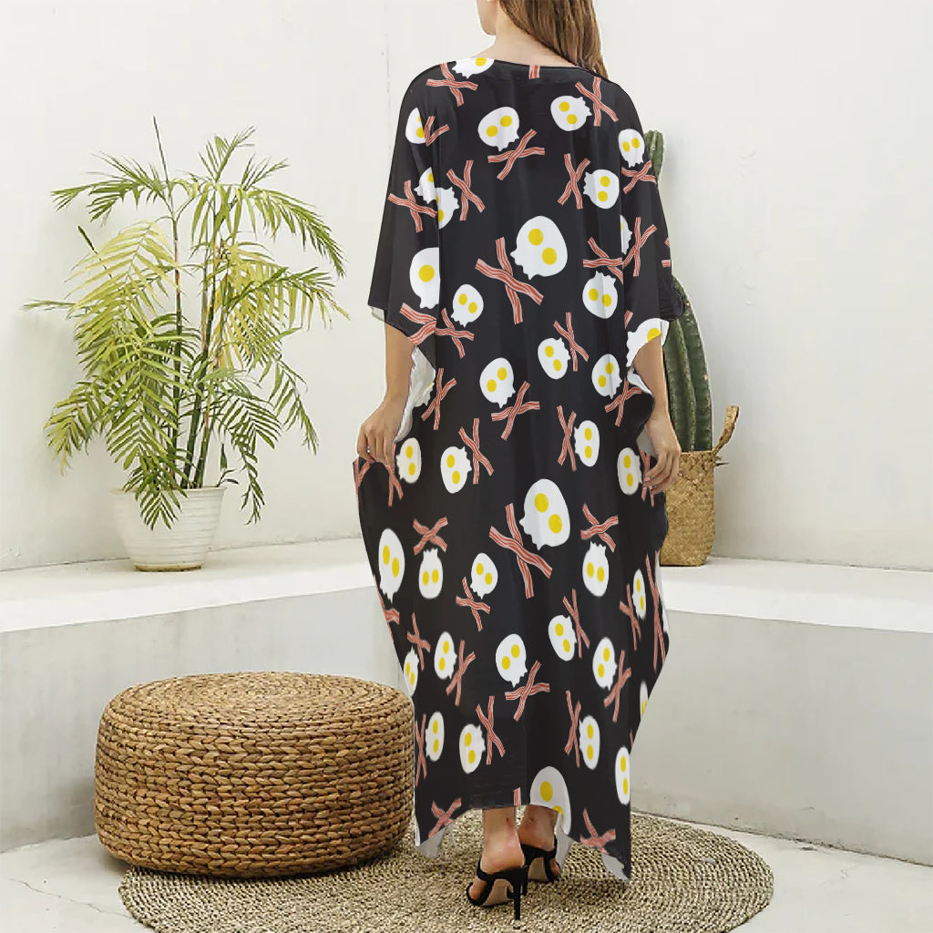 Skull Fried Egg And Bacon Pattern Print Silk V-Neck Kaftan Dress